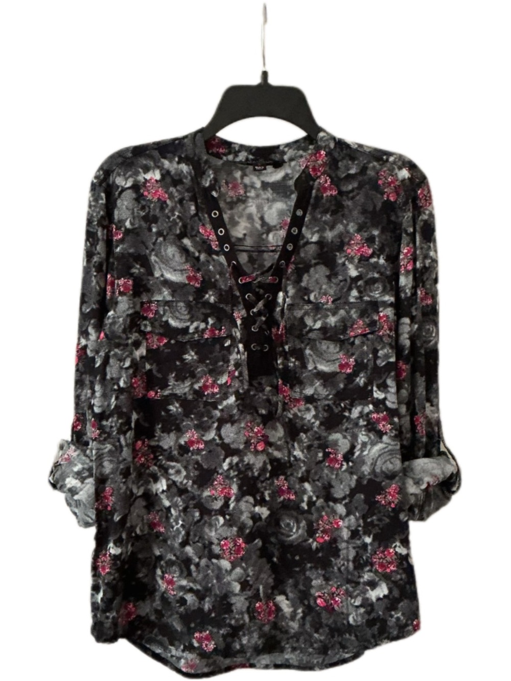 Rock & Republic Black Floral Lace-Up Tunic with Pink Accents